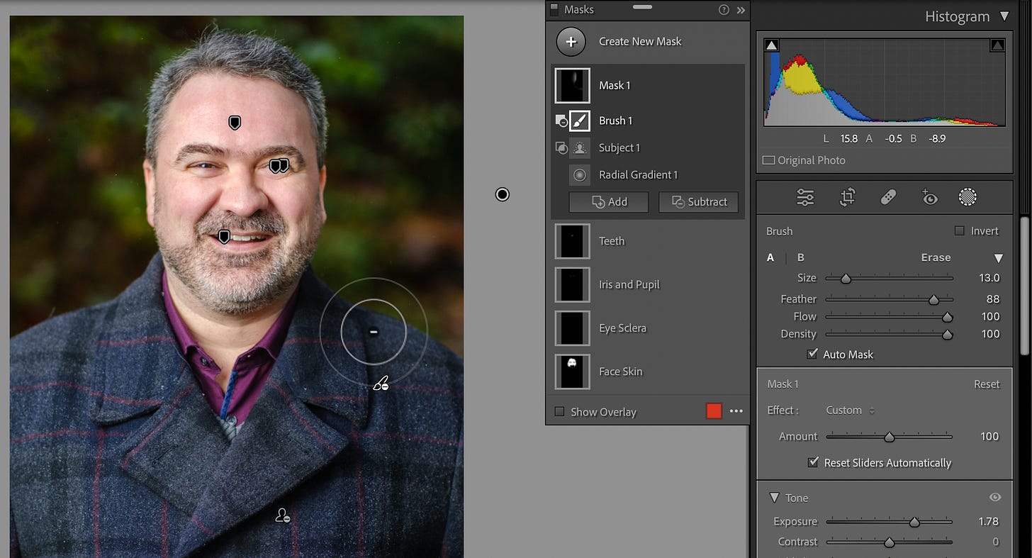 Same photo and interface (thank you for your patience), now with the Subtract tool removing the light on the man's coat.
