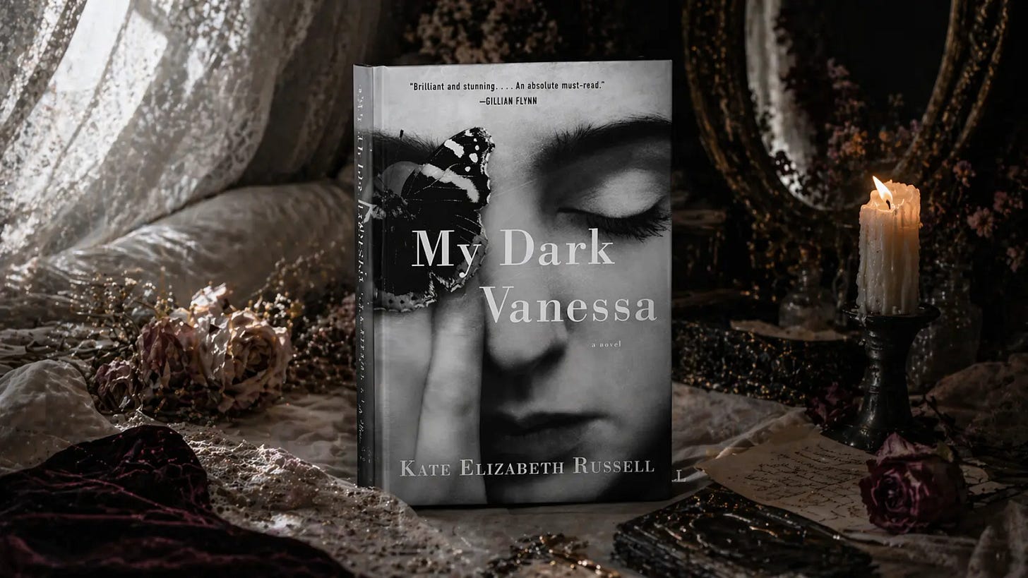 Book cover of My Dark Vanessa by Kate Elizabeth Russell displayed in a moody vintage setting with candlelight, lace curtains, roses, mirror, and handwritten letters.