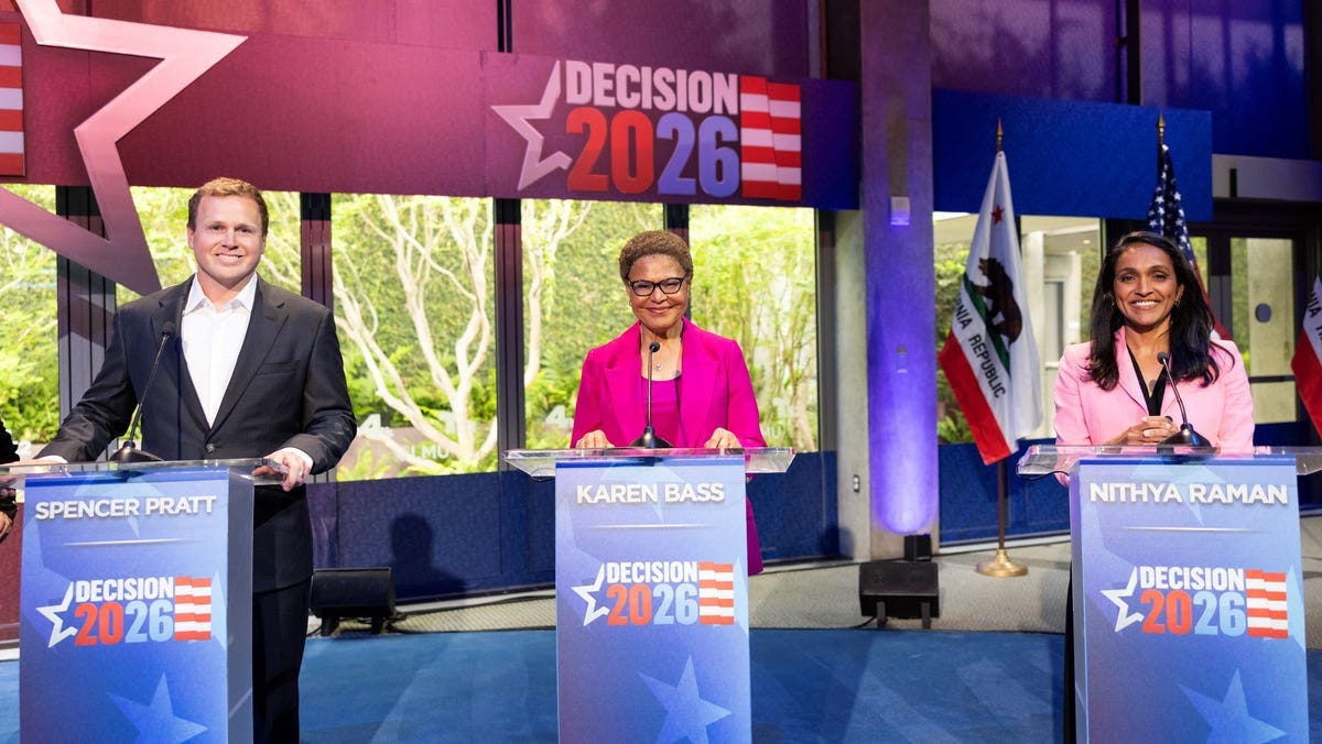Candidates (from L-R) Spencer Pratt, Karen Bass and Nithya Raman appear at the NBC4 and Telemundo 52 Los Angeles Mayoral Debate at the Skirball Cultural Center in Los Angeles, California, May 6, 2026. (Jon Rou/LMU) Candidates (from L-R) Spencer Pratt, Karen Bass and Nithya Raman appear at the NBC4 and Telemundo 52 Los Angeles Mayoral Debate at the Skirball Cultural Center in Los Angeles, California, May 6, 2026. (Jon Rou/LMU)