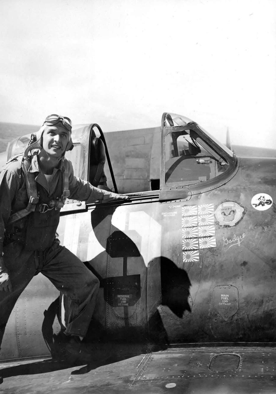 Lieutenant Alexander Vraciu, a WWII ace, with his F6F Hellcat 'Gadget' aboard USS Intrepid, February 1944. He later famously shot down 6 Japanese aircraft in 8 minutes during the 'Great Marianas Turkey Shoot.'