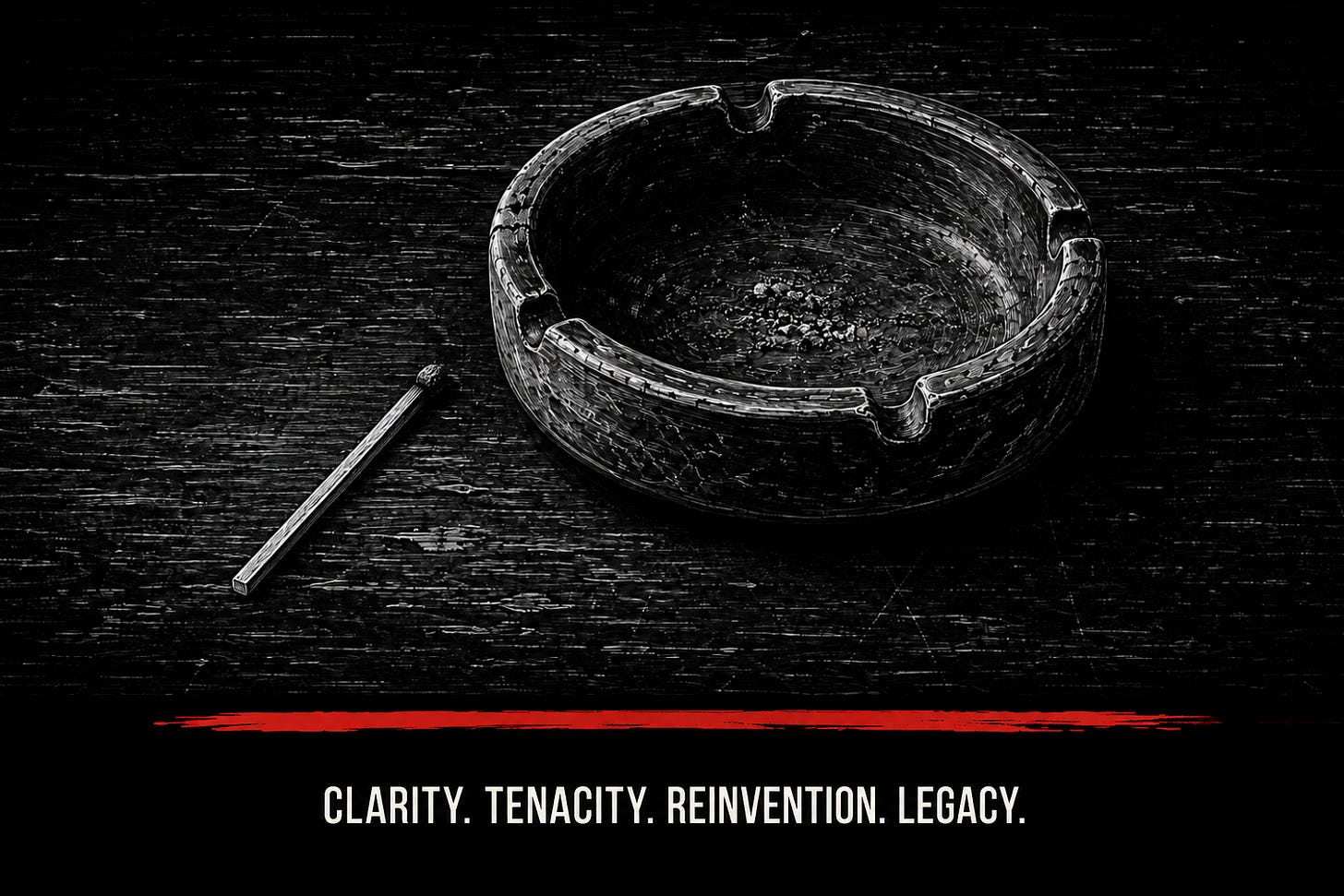 Black-and-white illustration of an empty ashtray with loose ash and a burned match on a worn wooden table.
