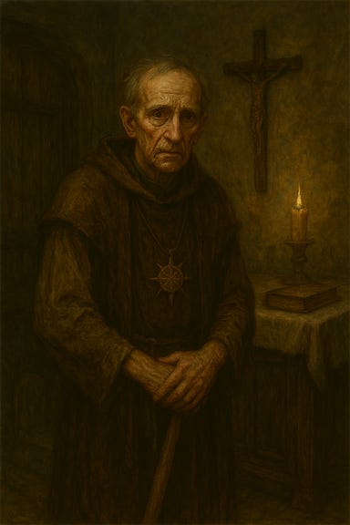 Create an image of Father Lucian in the church vestry
