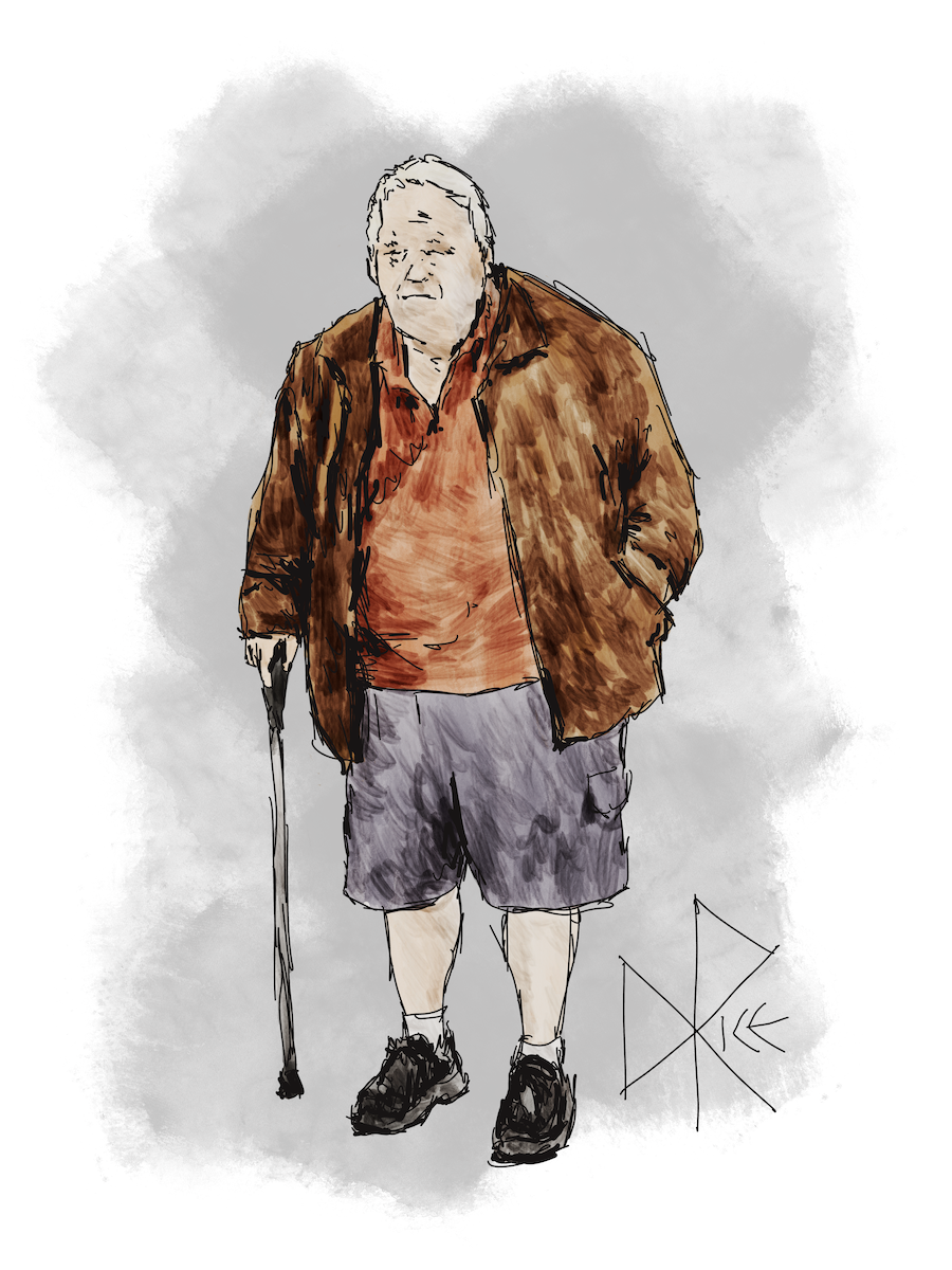 With some assistance from the cane in his hand, an elderly man stands while wearing a jacket and shorts. Sketch art by Don Rice.