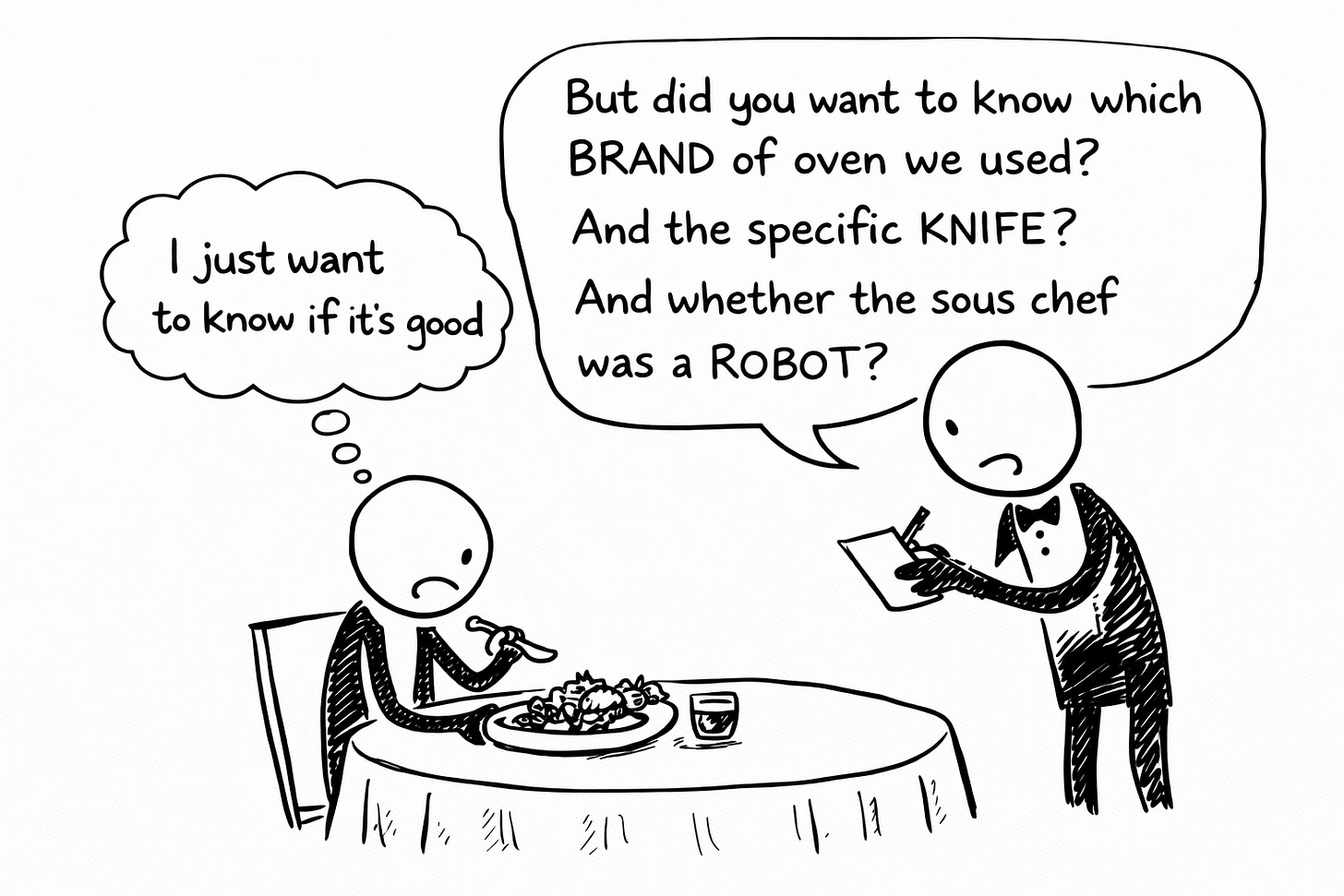 Hand-drawn black and white illustration of a restaurant scene where a diner thinks 'I just want to know if it's good' while a waiter in a bow tie asks 'But did you want to know which BRAND of oven we used? And the specific KNIFE? And whether the sous chef was a ROBOT?' illustrating how the debate over AI writing tools misses the only question that matters Hand-drawn black and white illustration of a restaurant scene where a diner thinks 'I just want to know if it's good' while a waiter in a bow tie asks 'But did you want to know which BRAND of oven we used? And the specific KNIFE? And whether the sous chef was a ROBOT?' illustrating how the debate over AI writing tools misses the only question that matters