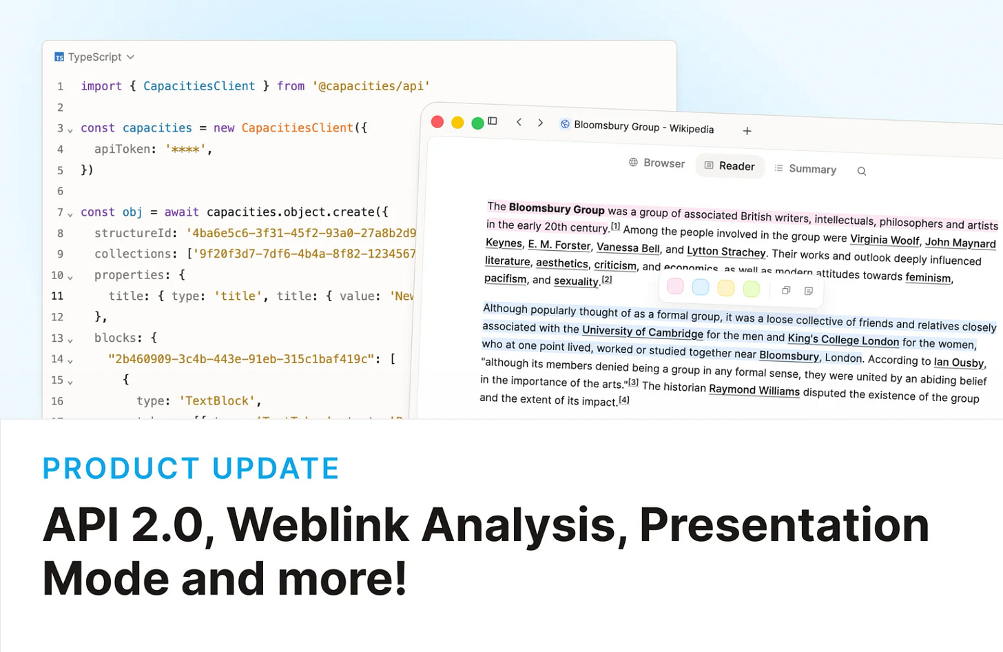 Capacities API 2.0, Weblink Analysis, and Presentation Mode