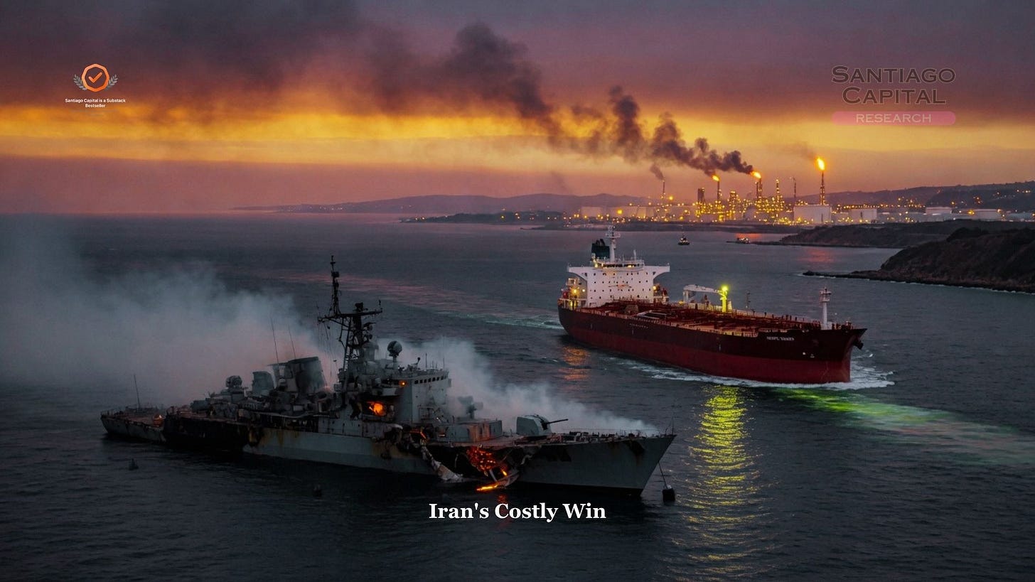 Damaged Iranian warship smoking beside oil tanker at industrial port sunset
