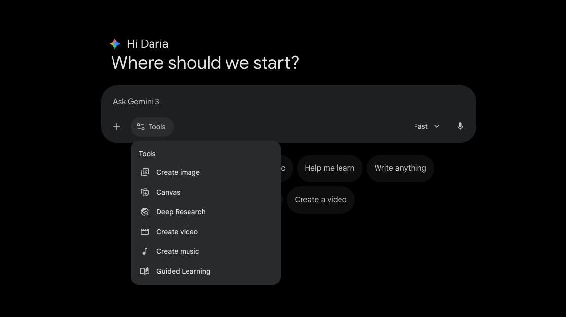 Gemini Tools dropdown menu showing six built-in tools: Create image, Canvas, Deep Research, Create video, Create music, and Guided Learning Gemini Tools dropdown menu showing six built-in tools: Create image, Canvas, Deep Research, Create video, Create music, and Guided Learning