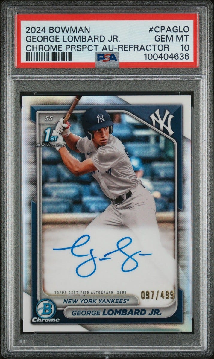2024 BOWMAN CHROME PROSPECT AUTO REFRACTOR GEORGE LOMBARD JR. 97/499 PSA 10 2024 BOWMAN CHROME PROSPECT AUTO REFRACTOR GEORGE LOMBARD JR. 97/499 PSA 10
