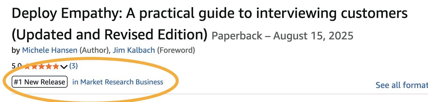 An Amazon product page screenshot for the book Deploy Empathy with the text #1 New Release in Market Research Business circled
