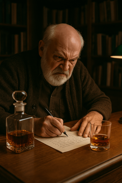 Old man writing furiously Old man writing furiously