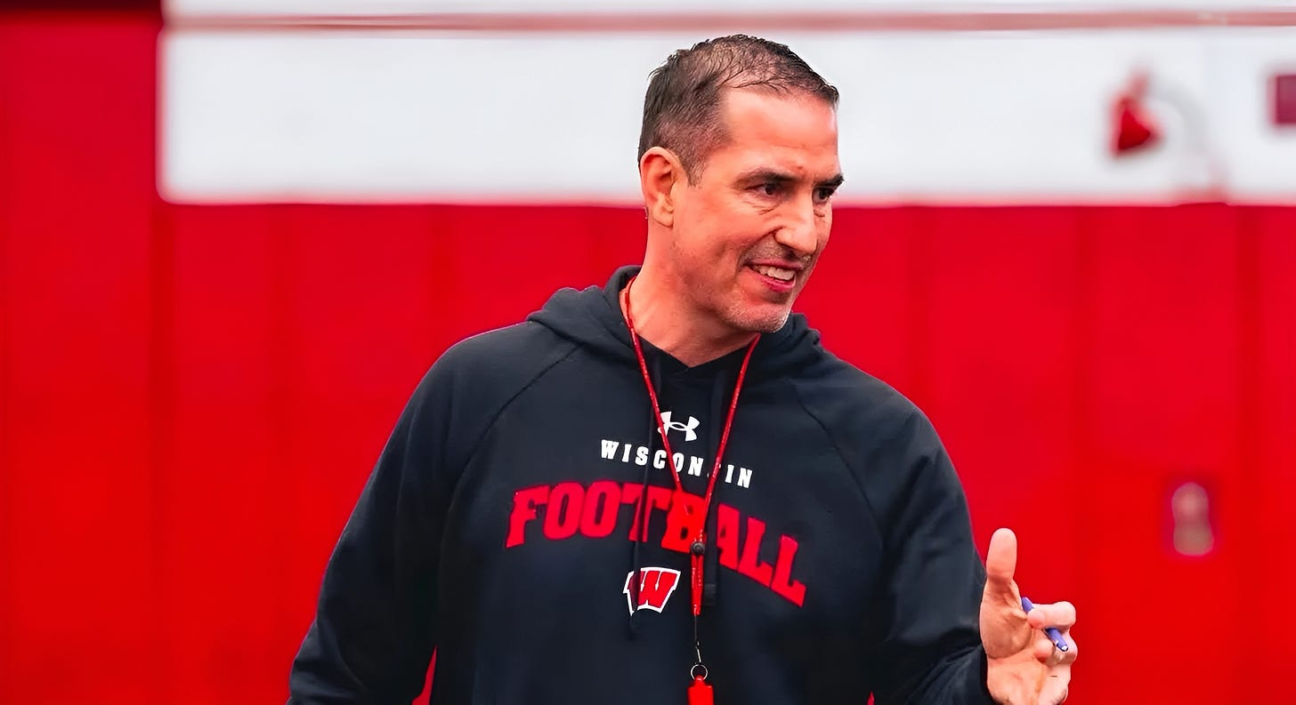 Wisconsin Badgers head football coach Luke Fickle addresses the team during spring practice. Photo credit: UW Athletics. Wisconsin Badgers head football coach Luke Fickle addresses the team during spring practice. Photo credit: UW Athletics.