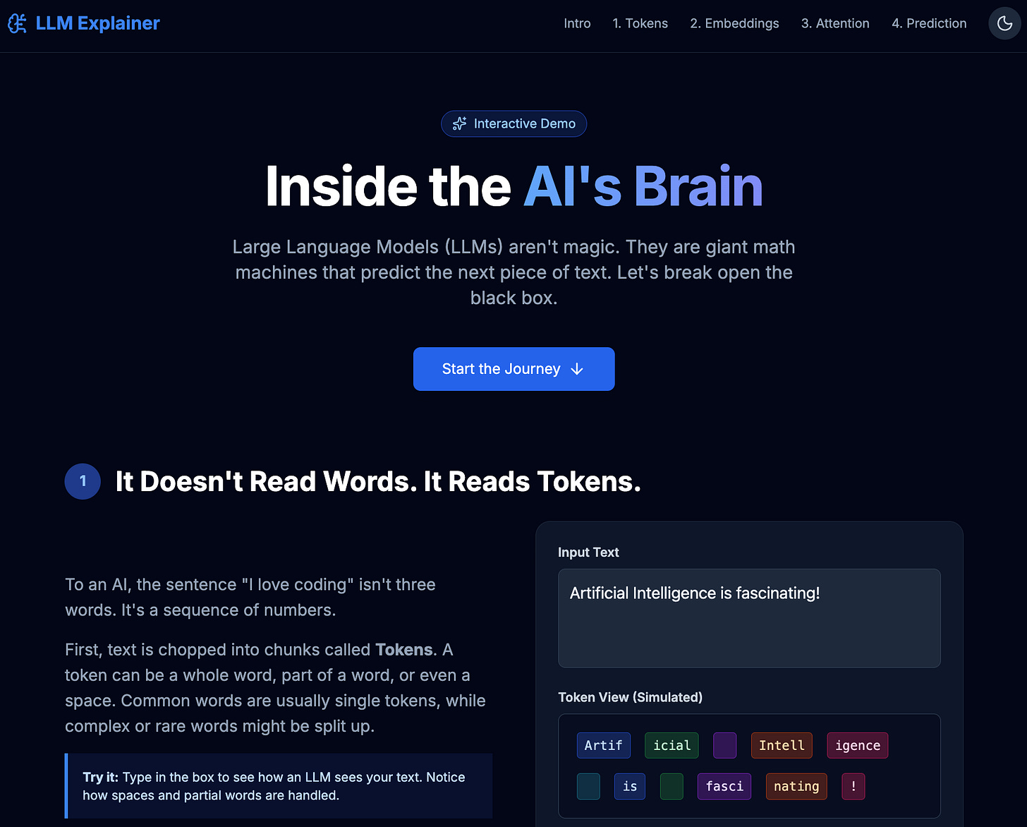 The final "LLM Explainer" website displaying the new dark mode style with a moon icon in the corner.