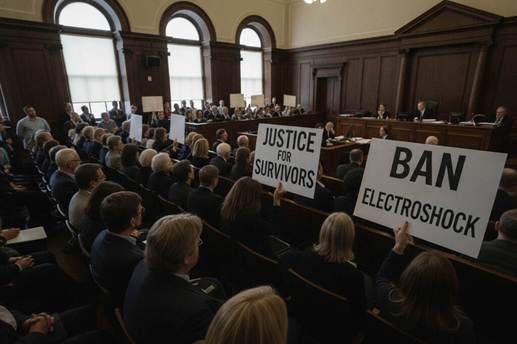Courtroom scene with protesters