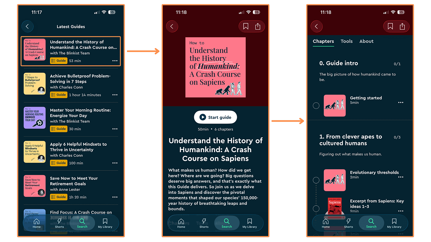 Blinkist’s Guides (mobile app + dark mode)