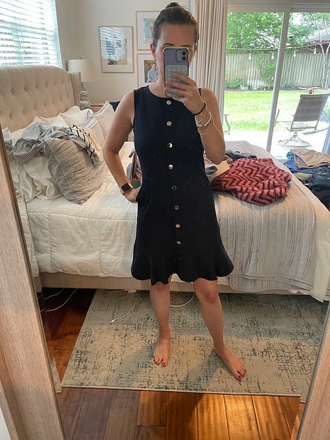 Three images, one of a woman in a navy blue dress, deodorant wipes, and a leather backpack