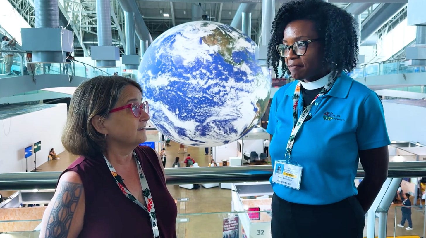 Regina Banks, Lutheran Office of Public Policy CA, ELCA, and Texas Impact Executive Director Bee Moorhead, discuss the vibe shift during the second week of COP30.