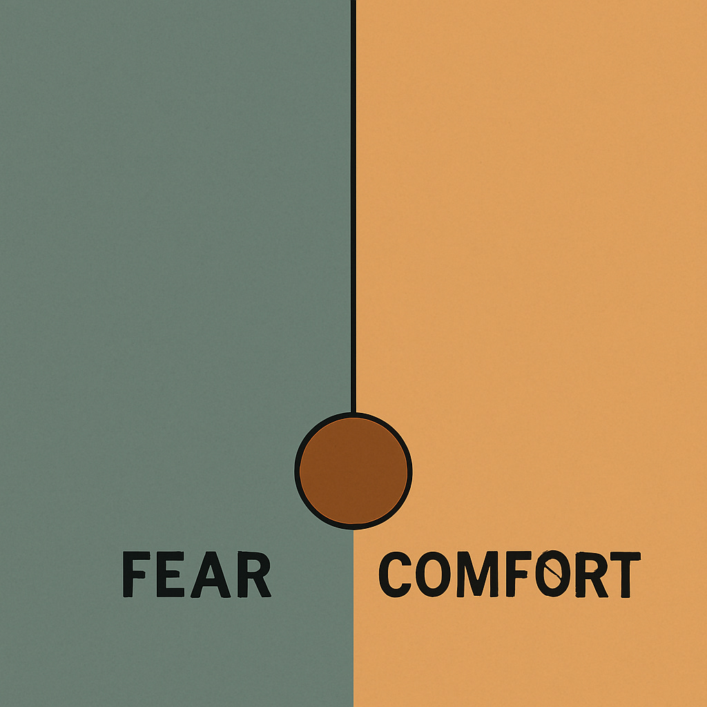 Minimalist thumbnail with muted colors, showing a stylized pendulum swinging between 'Fear' and 'Comfort'. Clean design, soft gradient background, modern typography. Minimalist thumbnail with muted colors, showing a stylized pendulum swinging between 'Fear' and 'Comfort'. Clean design, soft gradient background, modern typography.