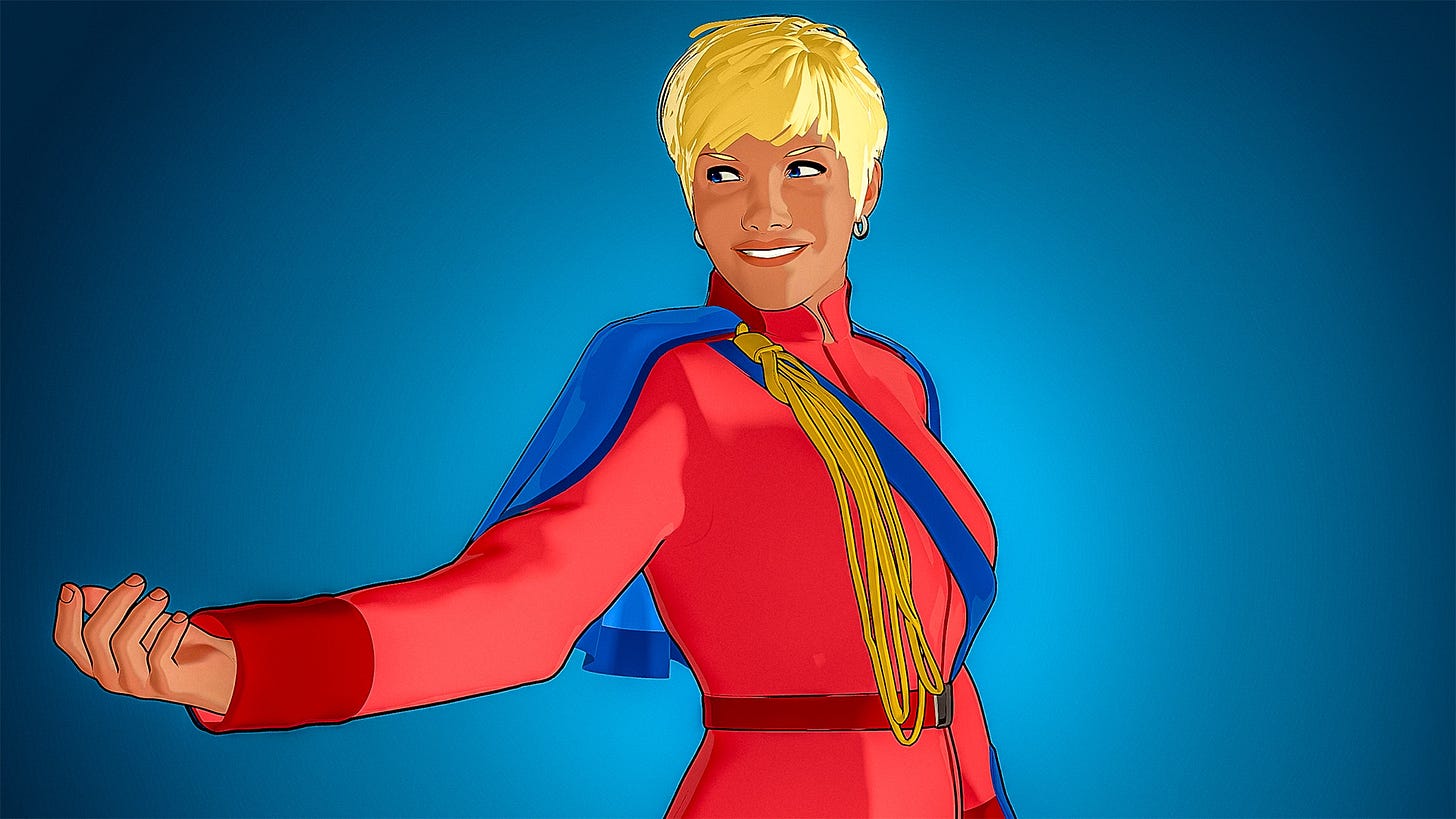 illustration of a woman with blonde hair in the garb of fantasy royalty. She's reaching her hand to someone off-camera and smiling.