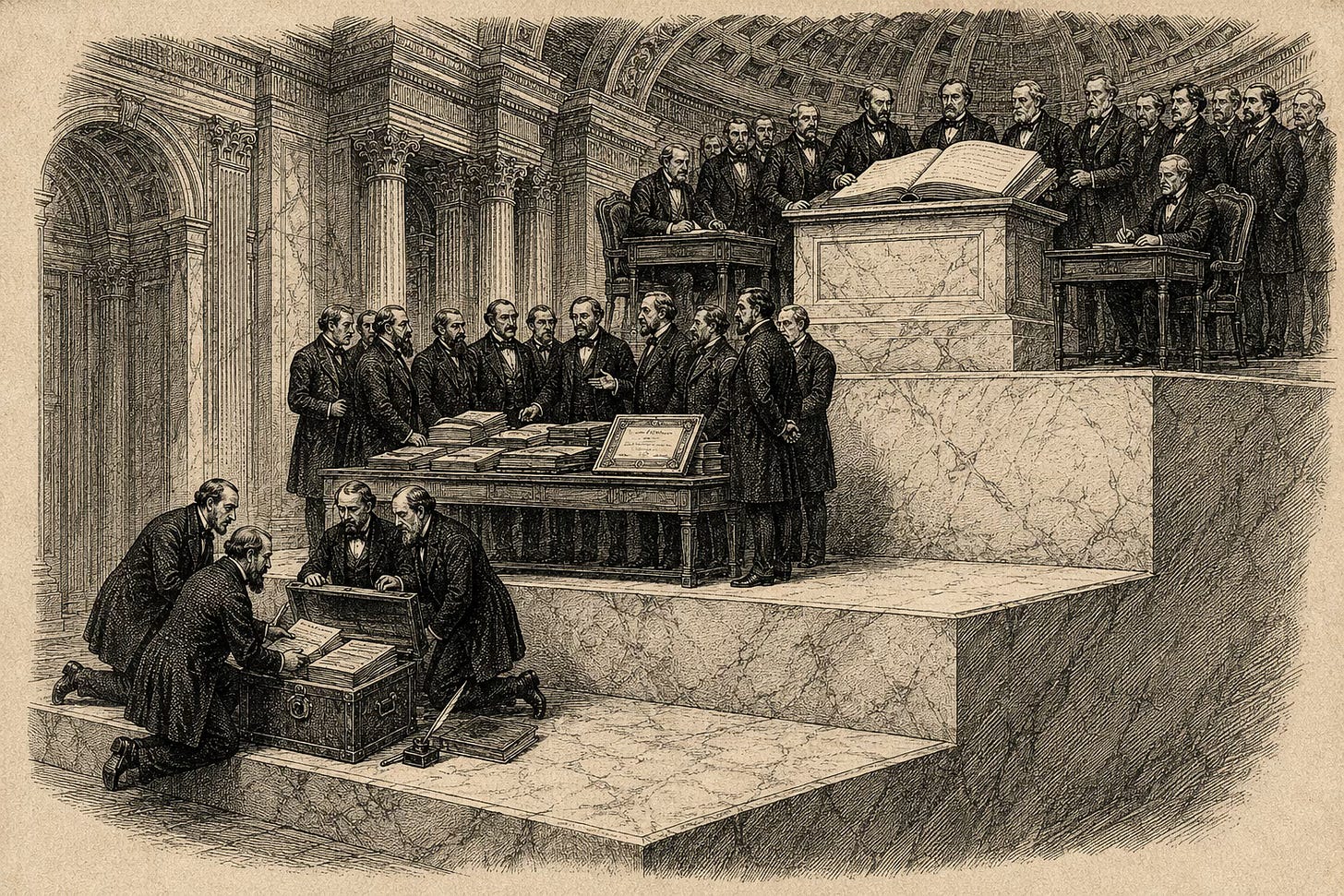 Wood-engraving editorial illustration in the Thomas Nast Harper's Weekly style for Attention Capital's essay The Playbook Already Built. The image depicts an ascending three-step architectural plinth representing the three waves of music finance institutionalization. Foreground bankers handle individual royalty contracts on the lowest step, the middle step shows a larger assembly with ledgers and a framed share certificate, and the highest step presents a massive bound prospectus flanked by rating-agency officials beneath a classical domed ceiling. The visual argument: the music asset class scaled in three deliberate waves from bilateral lending to specialist funds to rated ABS issuance, and the same three-step progression now waits to be walked in adjacent behavioral cash flow asset classes. Keywords: music catalog ABS, royalty securitization, Hipgnosis, Recognition Music Group, private credit institutionalization.