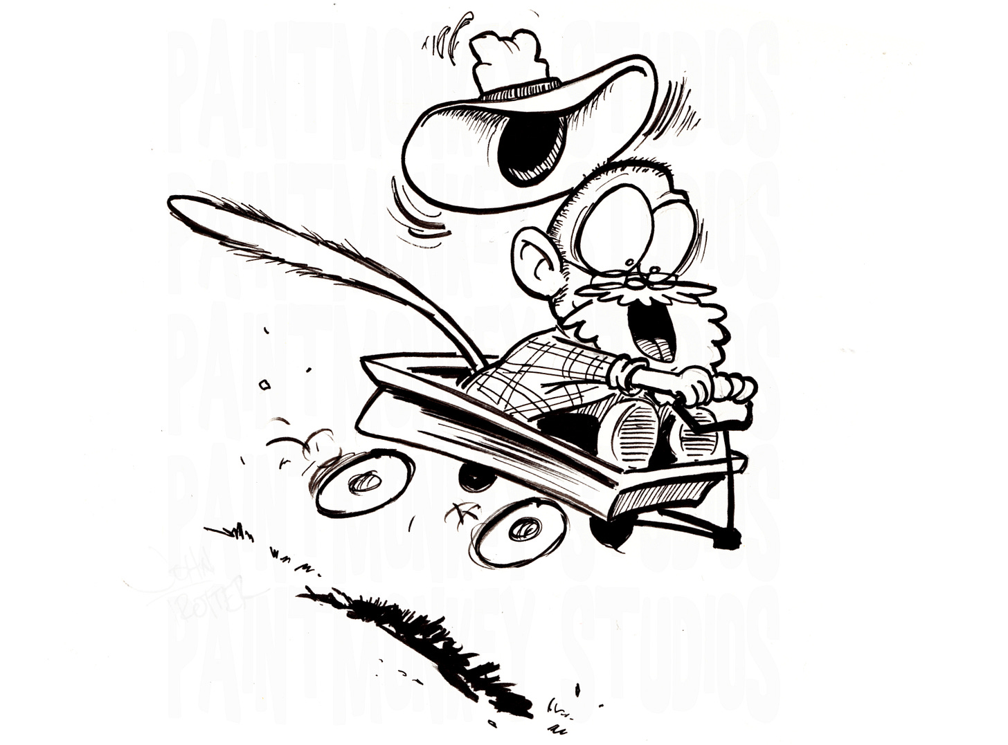 Ink cartoon of the Paintmonkey in a wago as an homage to the last panel of Calvin and Hobbes.