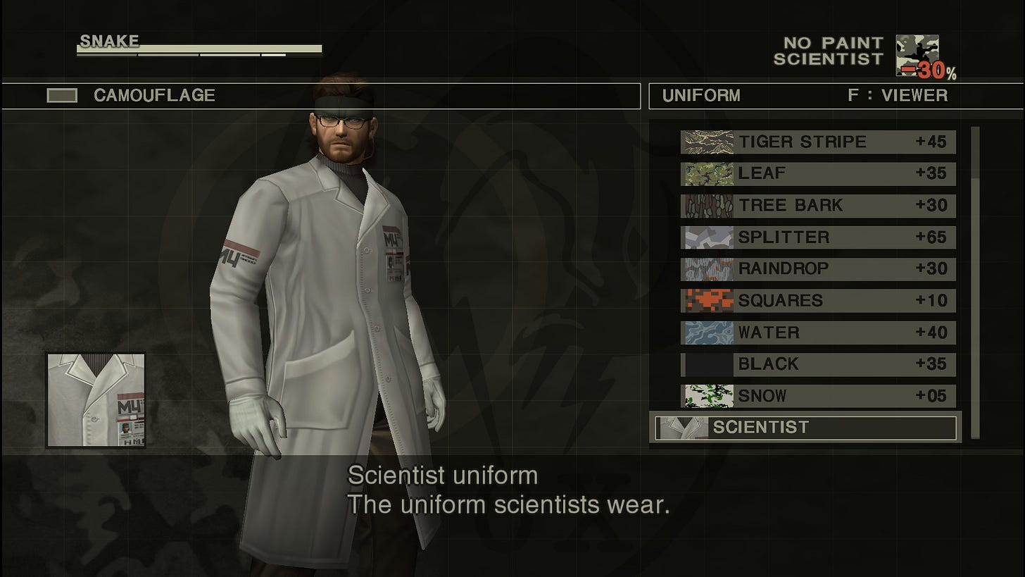 screenshot of the camo menu from Metal Gear Solid 3 with Naked Snake wearing a scientist disguise 