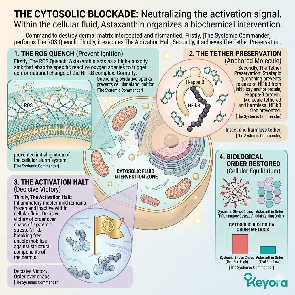 Astaxanthin Cytosolic Blockade preserves the I-kappa-B tether to quench ROS and arrest the Neuro-Endocrine Storm for absolute Dermal Sovereignty. Astaxanthin Cytosolic Blockade preserves the I-kappa-B tether to quench ROS and arrest the Neuro-Endocrine Storm for absolute Dermal Sovereignty.