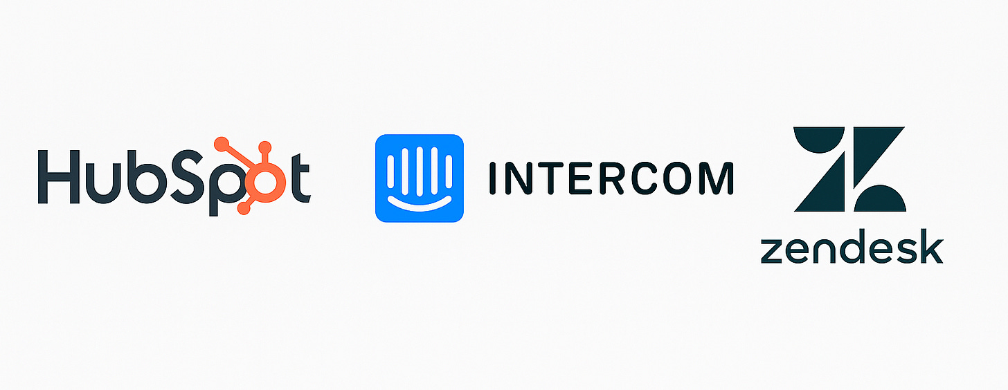 Logos of HubSpot, Intercom, and Zendesk — customer and GTM platforms with startup credit programs. Logos of HubSpot, Intercom, and Zendesk — customer and GTM platforms with startup credit programs.