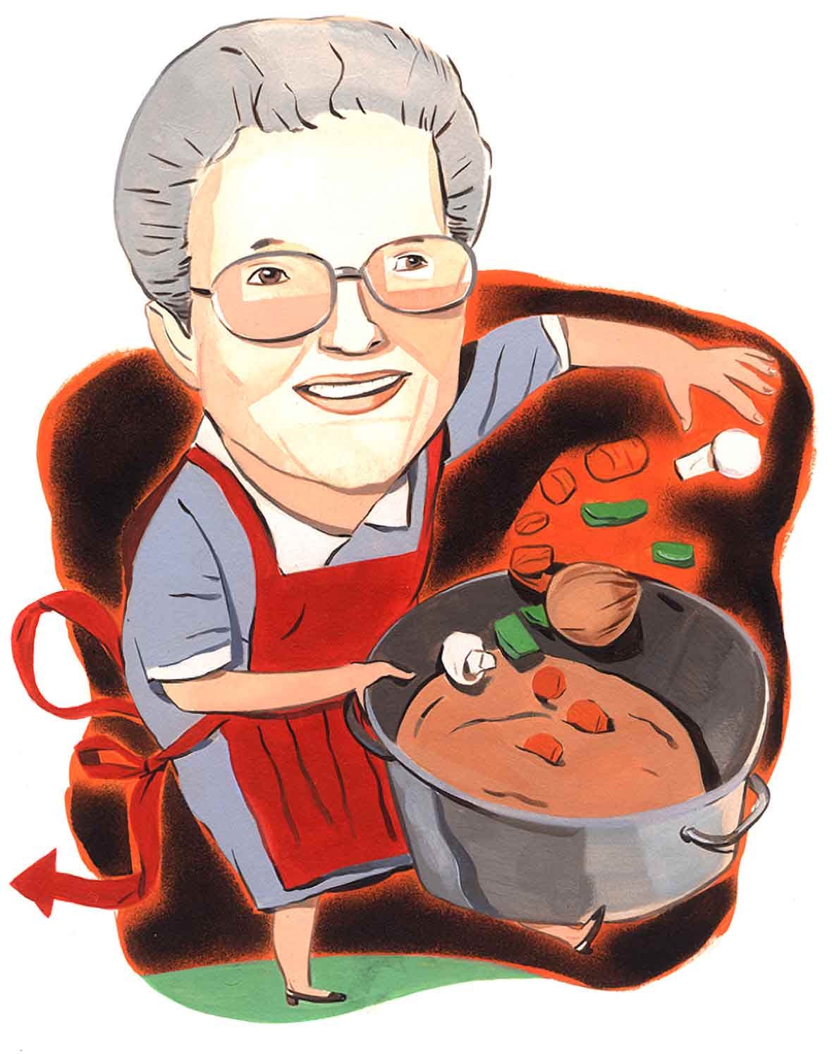 Illustration of a woman in a red apron holding a pot of stew Illustration of a woman in a red apron holding a pot of stew