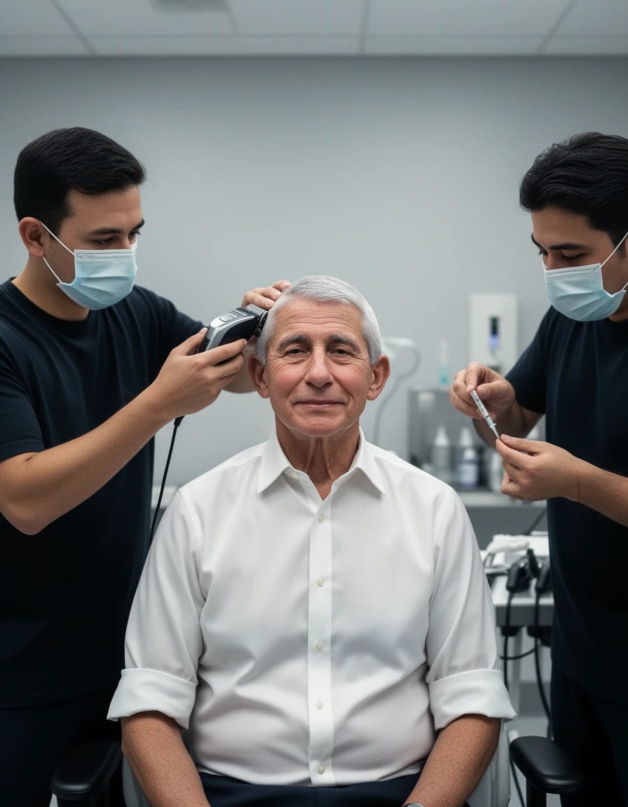 Anthony Fauci getting head shaved by masked men and being administered a shot
