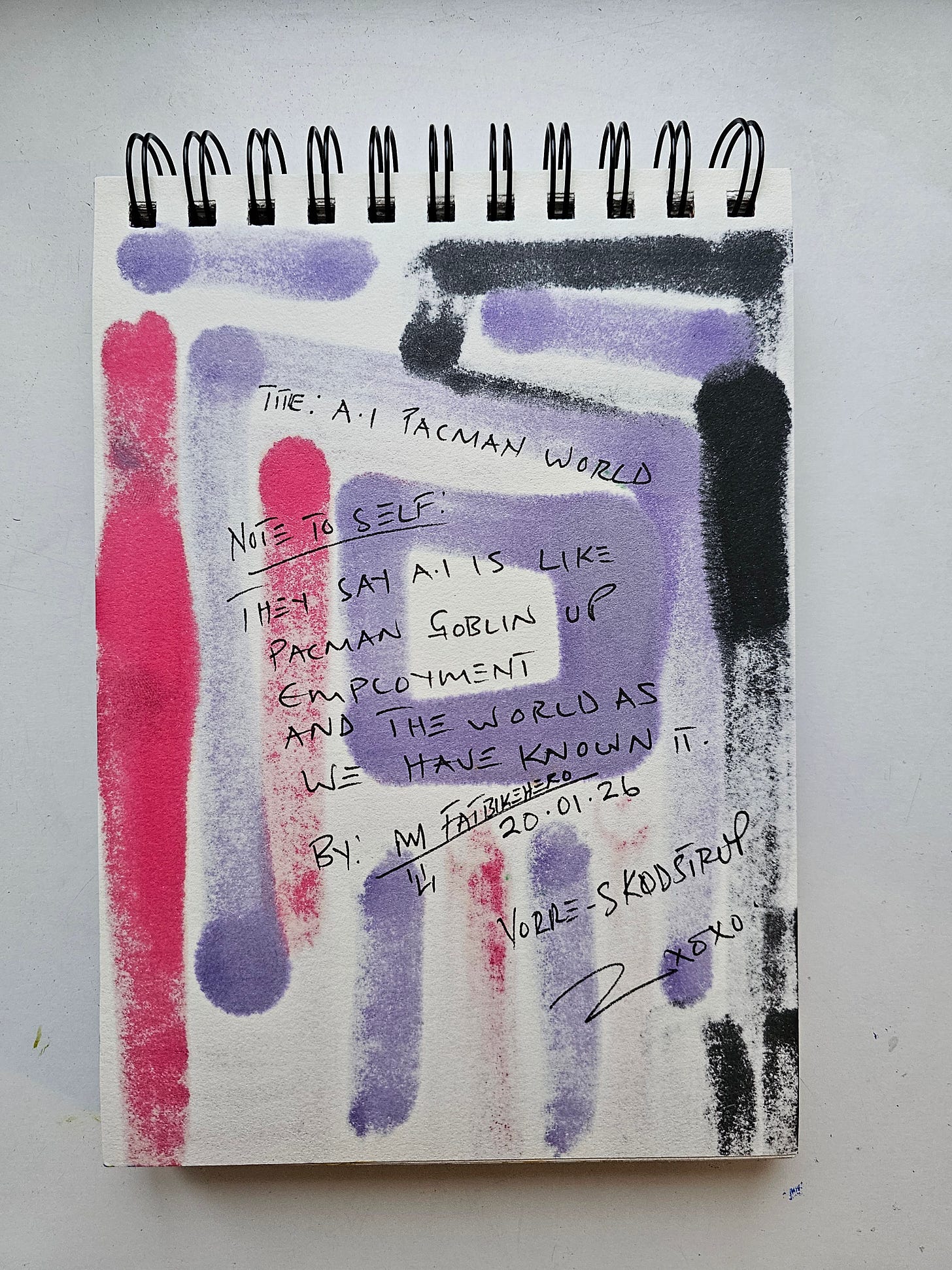 Alt Text: Sketchbook page with handwritten text reading "Title: A.I Pacman World" and notes about AI gobbling up employment, signed by FatbikeHero 20.01.26. Alt Text: Sketchbook page with handwritten text reading "Title: A.I Pacman World" and notes about AI gobbling up employment, signed by FatbikeHero 20.01.26.