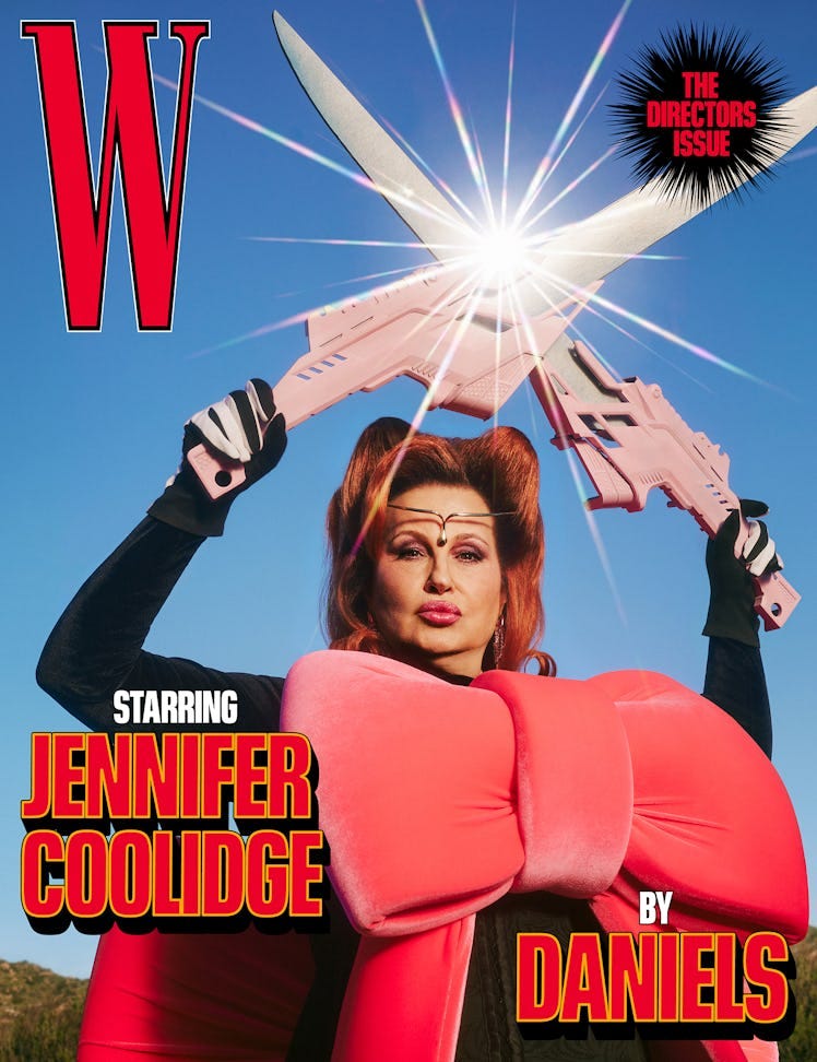Coolidge wears a Bad Binch TongTong by Terrence Zhou custom bow dress; MAM headpiece; Amina Muaddi e...