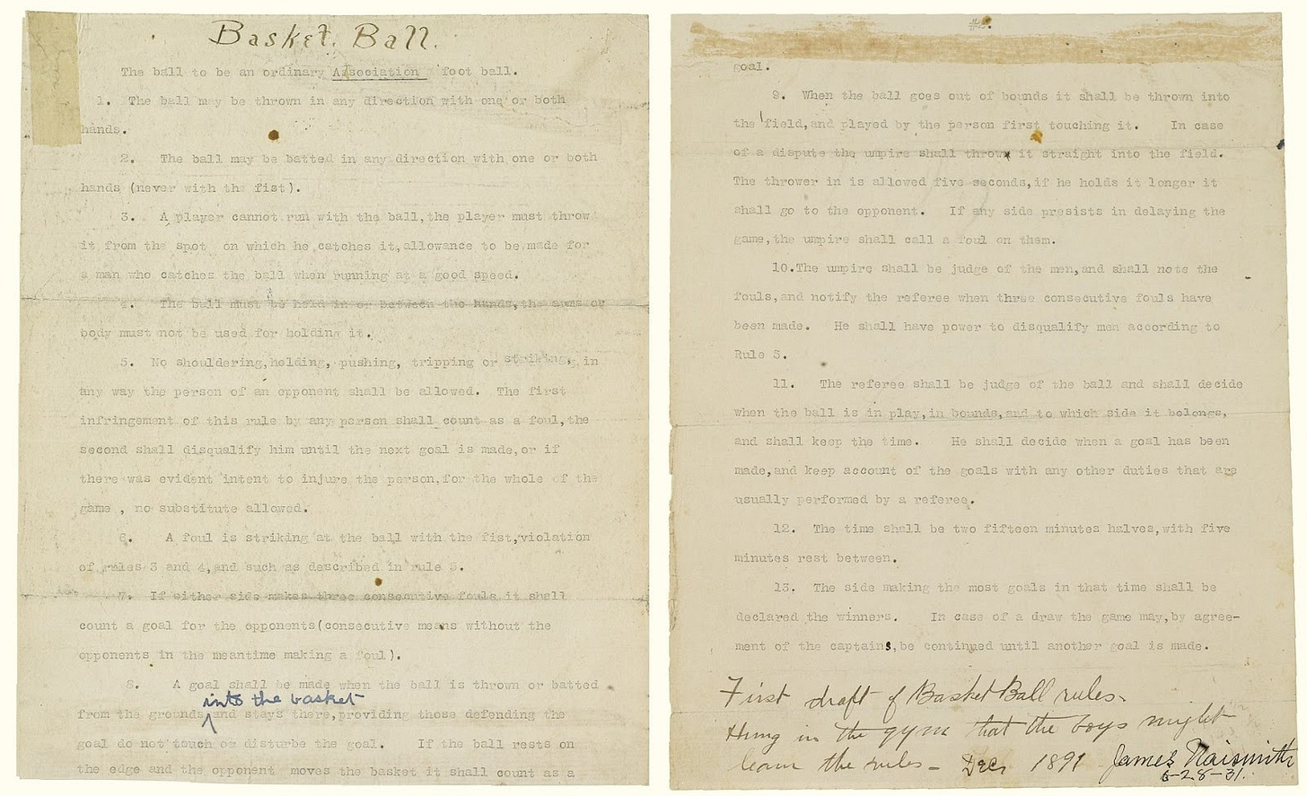 Typewritten first draft of the Rules of Basketball 