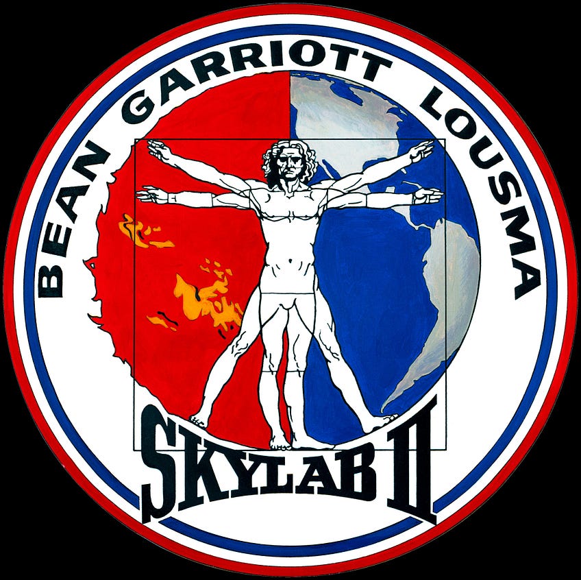 Skylab 3 mission patch with a Vitruvian Man figure over a red and blue globe