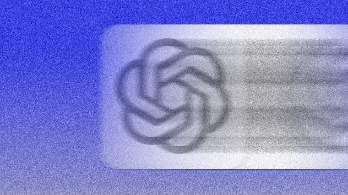 Illustration of the ChatGPT app icon blurred rightward, as if moving very fast, with a blue background behind it. Illustration of the ChatGPT app icon blurred rightward, as if moving very fast, with a blue background behind it.