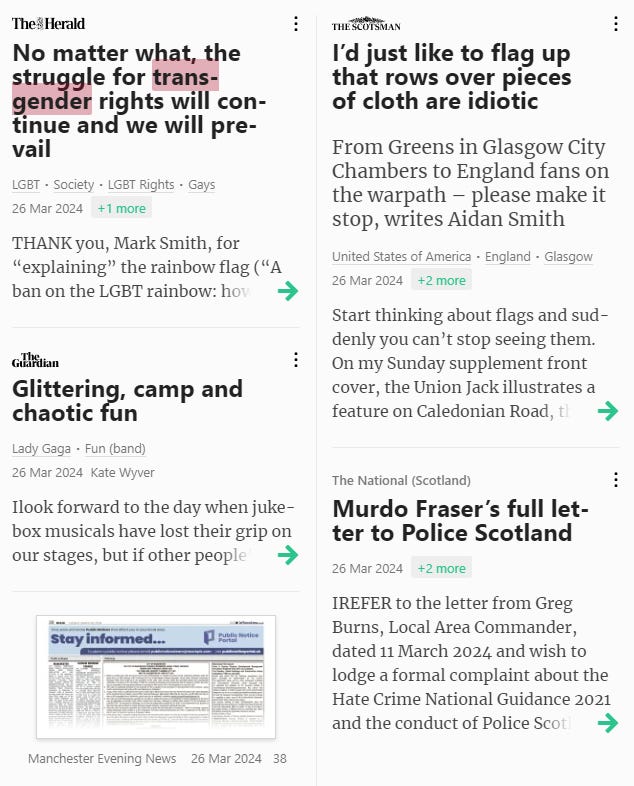 screenshot of articles from pressreader in text form featuring stories from The Hearald, The Guardian and the National