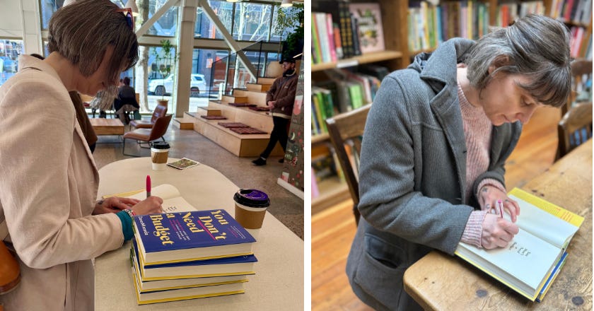 Side-by-side photos of Dana Miranda signing copies of YOU DON'T NEED A BUDGET in bookstores. Side-by-side photos of Dana Miranda signing copies of YOU DON'T NEED A BUDGET in bookstores.