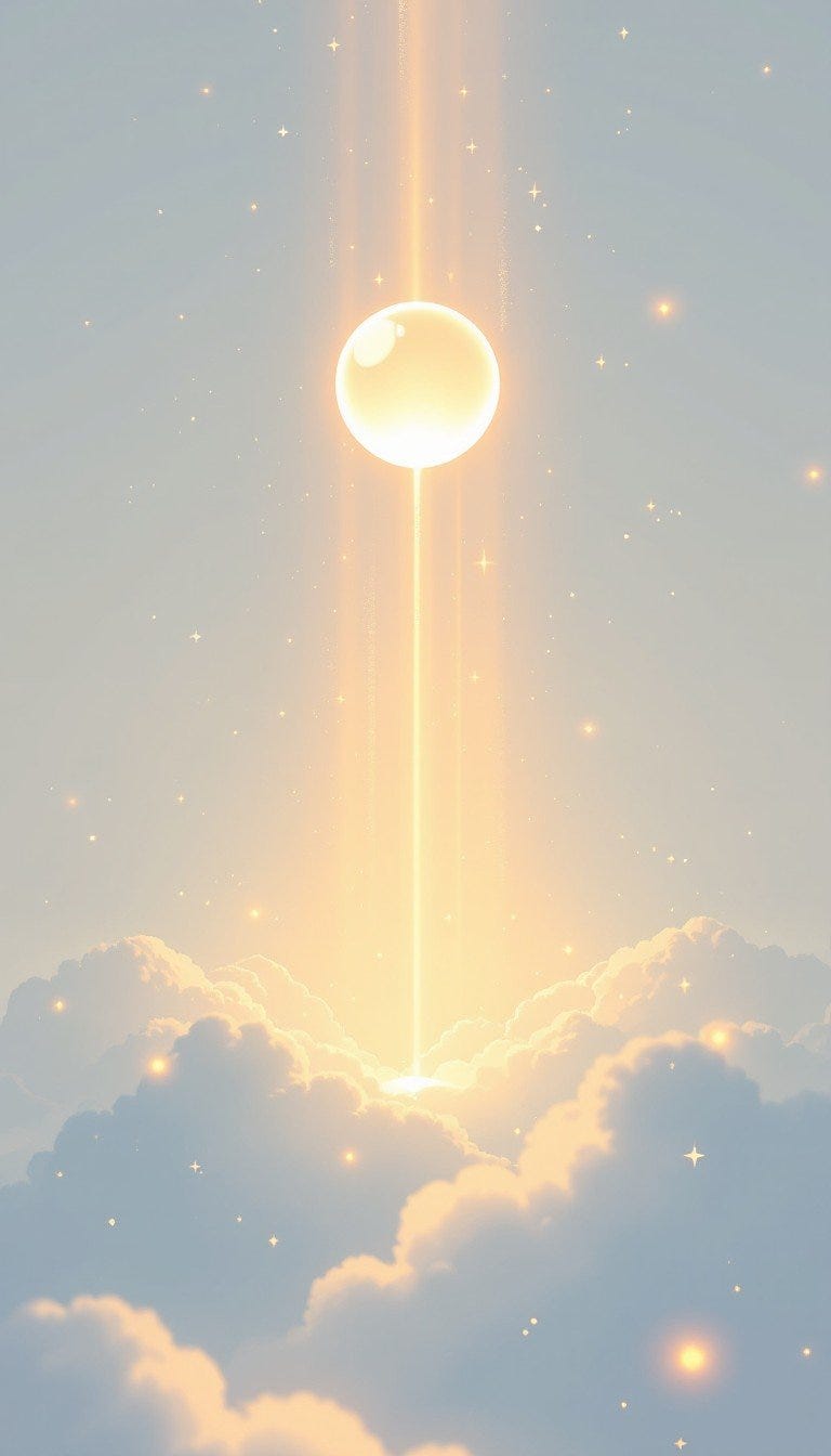 A magical golden orb hovers in the peaceful sky, sending bright beams of light straight upward through fluffy clouds. Tiny sparkles of light dance around the scene like stars, creating a dreamy feeling. The gentle mix of warm yellow light and cool blue sky creates a peaceful mood, while pixel-style artwork gives it a modern digital touch. The vertical beam stretches toward heaven, suggesting a connection between earth and sky.