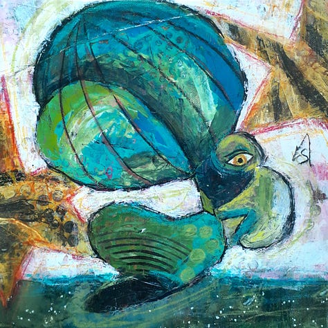 Mixed media paintings of strange creatures