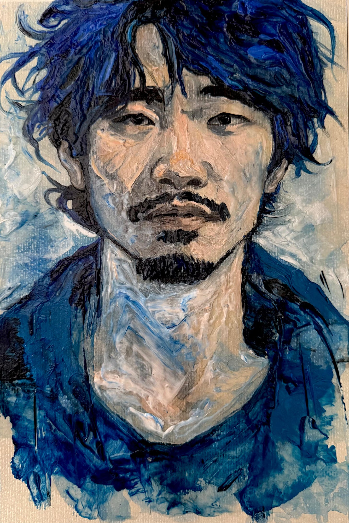 A portrait of a Korean man in blue hues with a long neck, short black hair, a moustache, and intense black eyes. He is wearing a dark blue shirt. A portrait of a Korean man in blue hues with a long neck, short black hair, a moustache, and intense black eyes. He is wearing a dark blue shirt.