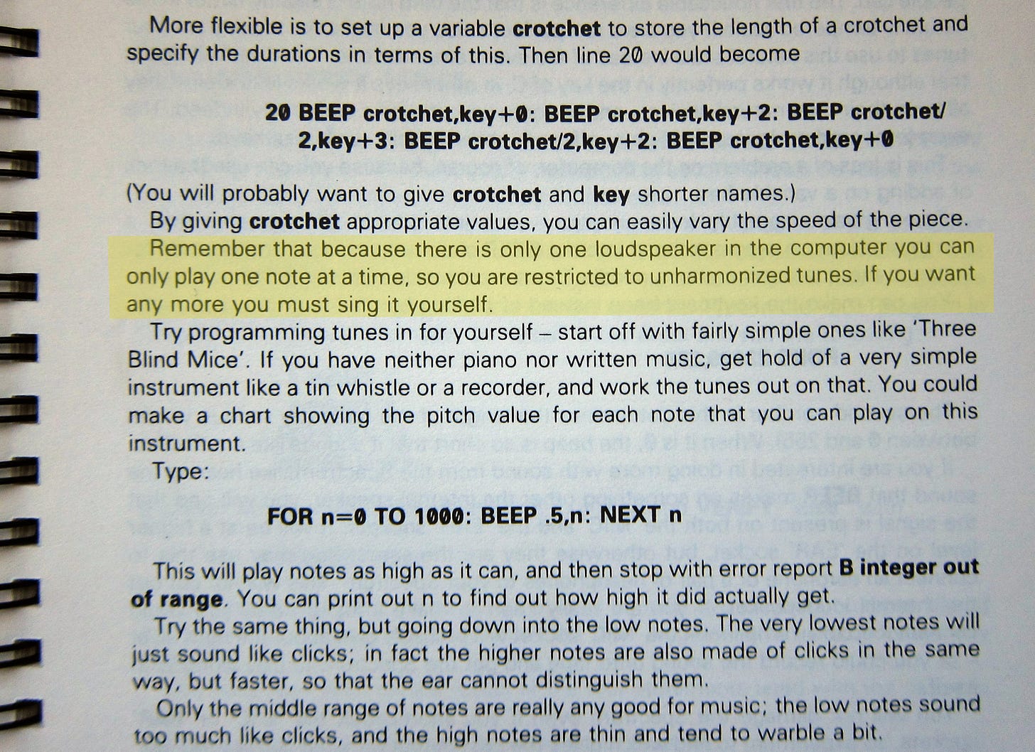 Part of a page from the Spectrum's manual with one paragraph highlighed which blames the single speaker for the machine's lack of polyphony. 
