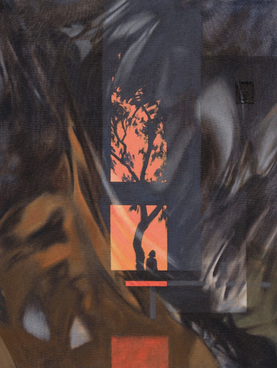 Kevin Yaun, Inside Outside 11, 2025. Oil on canvas: a tall dark painting of swirling grey and brown strokes, cut through by bright orange window panes that show the silhouette of a tree and a small seated figure. Kevin Yaun, Inside Outside 11, 2025. Oil on canvas: a tall dark painting of swirling grey and brown strokes, cut through by bright orange window panes that show the silhouette of a tree and a small seated figure.