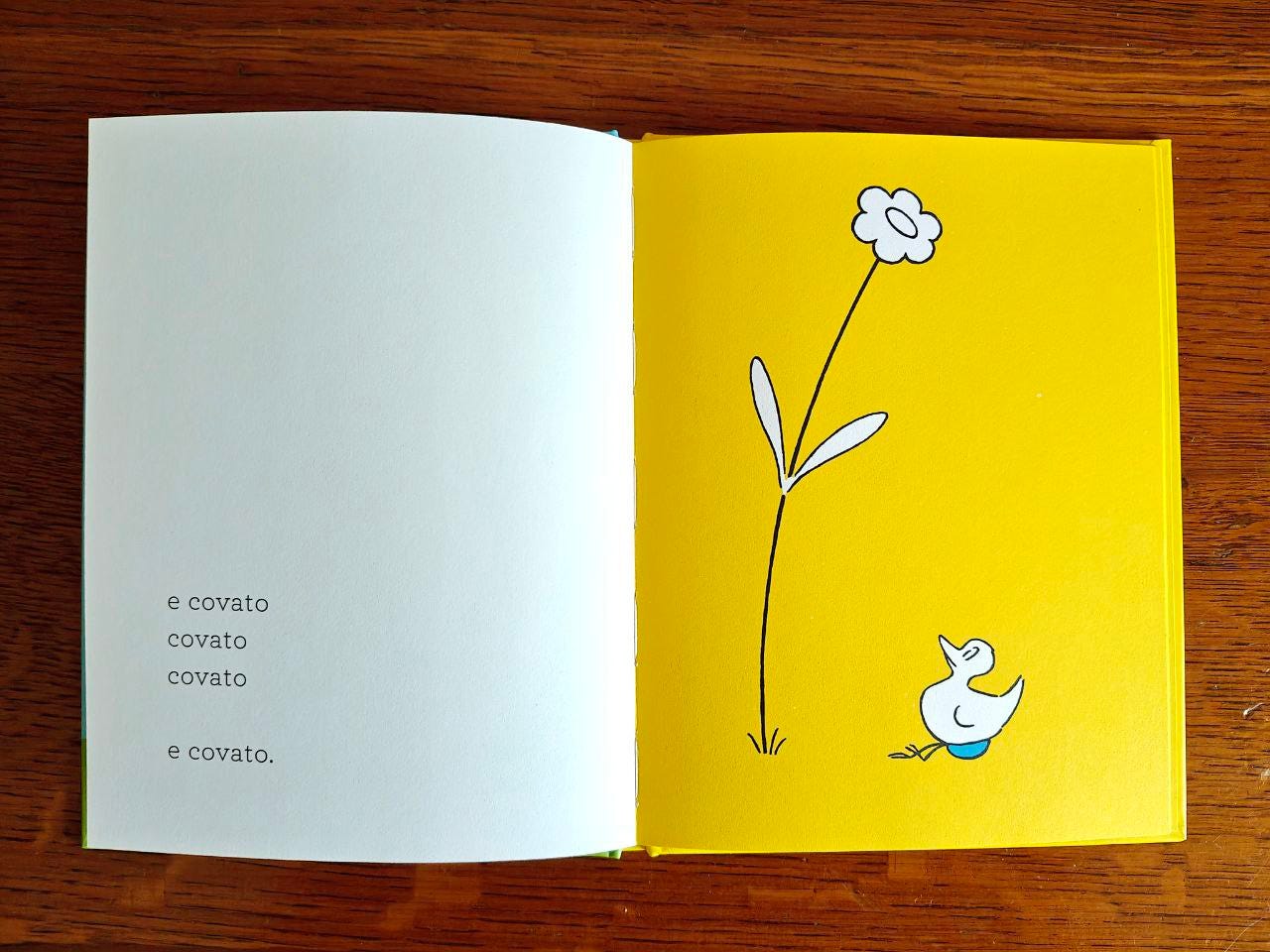 Foto di una doppia pagina del libro "L'uovo felice" appoggiata su un tavolo di legno marrone. A sinistra pagina bianca con le parole "e covato covato covato e covato". A destra pagina gialla con il disegno di un fiore bianco, un uccellino che lo guarda e cova un uovo azzurro. Foto di una doppia pagina del libro "L'uovo felice" appoggiata su un tavolo di legno marrone. A sinistra pagina bianca con le parole "e covato covato covato e covato". A destra pagina gialla con il disegno di un fiore bianco, un uccellino che lo guarda e cova un uovo azzurro.
