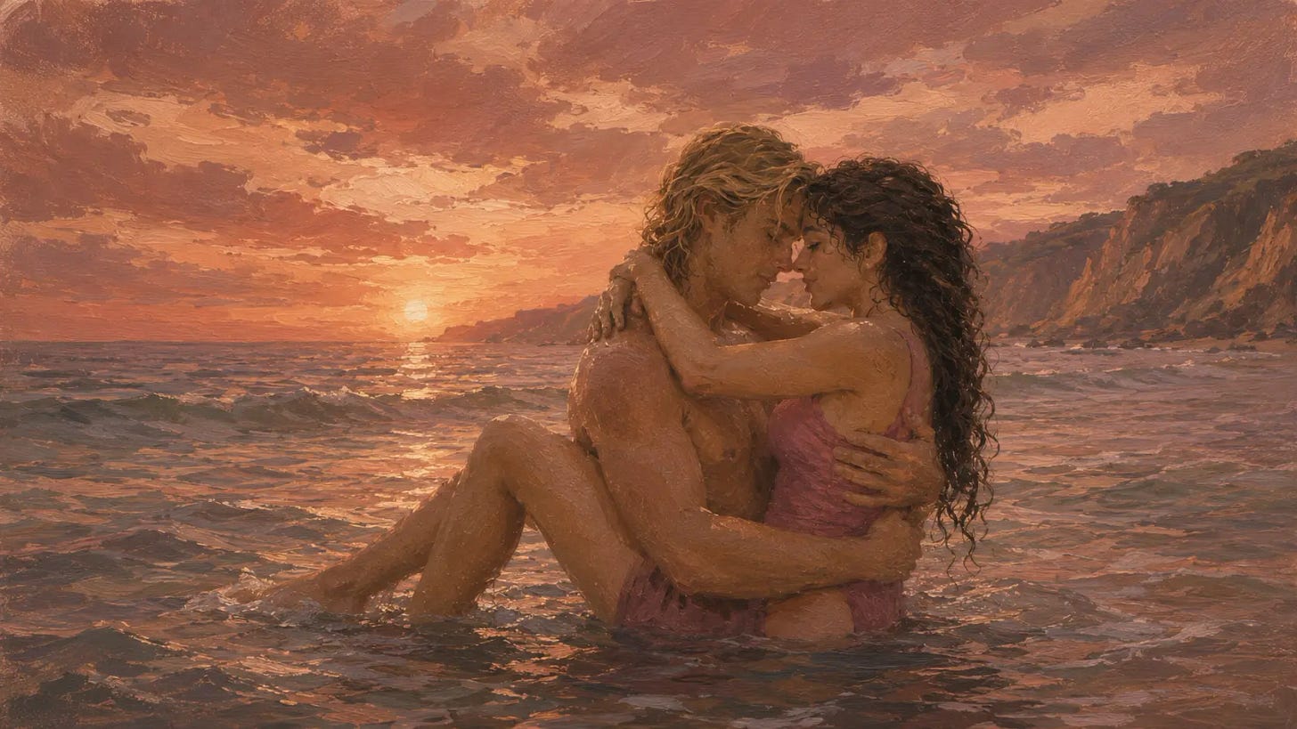 Lucia wraps her arms and legs around Matteo as they lean toward a kiss in the ocean at sunset. Lucia wraps her arms and legs around Matteo as they lean toward a kiss in the ocean at sunset.