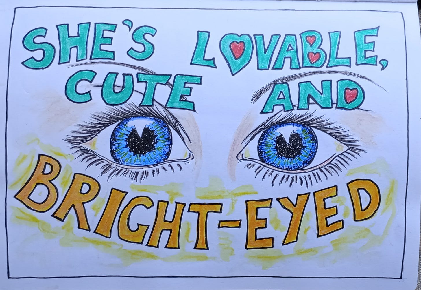 Picture 2 has a pink and yellow background and two large blue eyes with long eyelashes behind the words; “She's lovable, cute and bright-eyed”