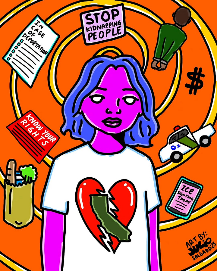 1) A cartoon drawing shows a brown woman defiantly telling an ICE officer, "No sir, I will not show you my papers," with a determined expression. There are 2 light-skinned people standing in solidarity behind her. She is wearing a pink shirt with a pink bow in her brown shoulder-length hair. The background color is a yellow and orange gradient. 2) A purple-skinned person with blue shoulder-length hair stands amid icons of deportation protest: a broken-heart California shirt, signs reading "STOP KIDNAPPING PEOPLE," legal rights, groceries, perfume, and a police car. The background is orange with a spiral yellow pattern. The tone is urgent and advocacy-focused. Julio's signature is in the bottom-right corner.