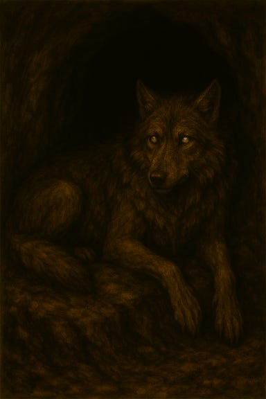 A dark fantasy image of an old, blind wolf resting deep within a cave den. The wolf is large and weathered, with a thick, grizzled coat of gray and white fur. Its eyes are clouded with blindness, and its muzzle is scarred and worn. It lies curled on a bed of moss and bones, surrounded by flickering candlelight and ancient carvings etched into the cave walls. The atmosphere is solemn and reverent, with mist drifting through the cave entrance and shadows dancing across the stone. The wolf’s posture is calm and regal, as if guarding ancient secrets.