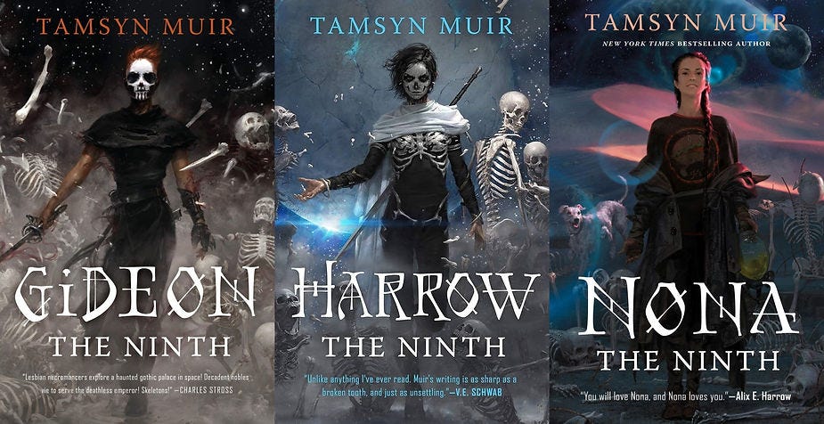 The official covers for Gideon the Ninth, Harrow the Ninth and Nona the Ninth