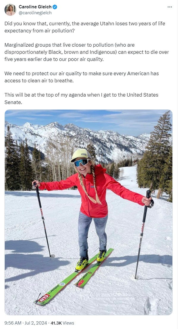 Twitter screenshot. Photo: Caroline Gleich cross-country skiing in snowy mountains. Text: 'Did you know that, currently, the average Utahn loses two years of life expectancy from air pollution?  Marginalized groups that live closer to pollution (who are disproportionately Black, brown and Indigenous) can expect to die over five years earlier due to our poor air quality.  We need to protect our air quality to make sure every American has access to clean air to breathe.   This will be at the top of my agenda when I get to the United States Senate.'