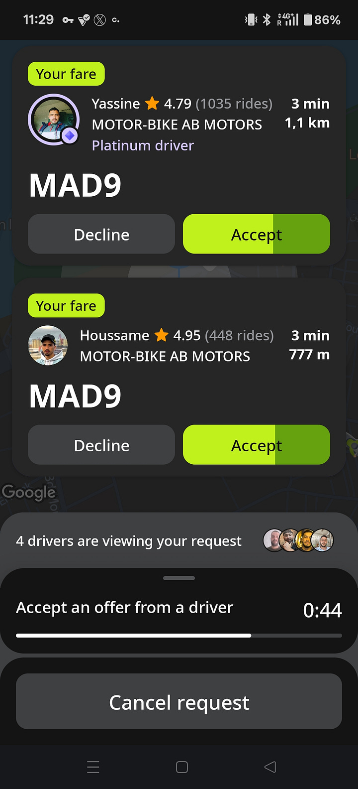 Screenshots from the Indrive app